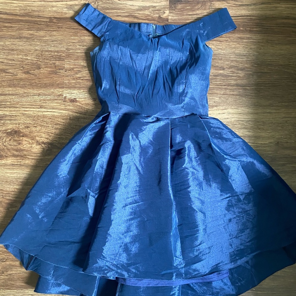 navy blue off the shoulder formal dress
